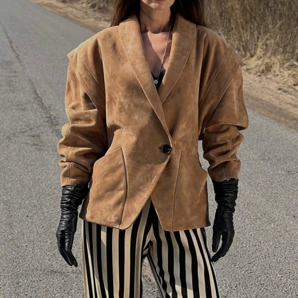 Brown Casual Women's Textured Shoulder Padded Suit Jacket
